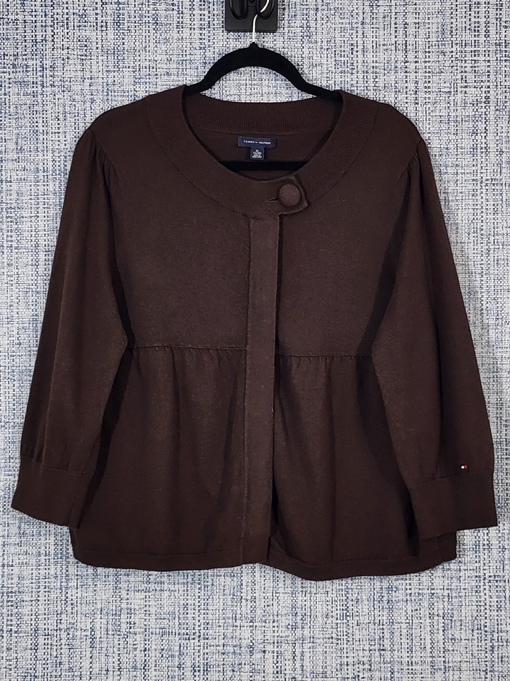 Tommy Hilfiger XL Brown Knit Babydoll Empire Waist Cardigan Sweater 3/4 Sleeve